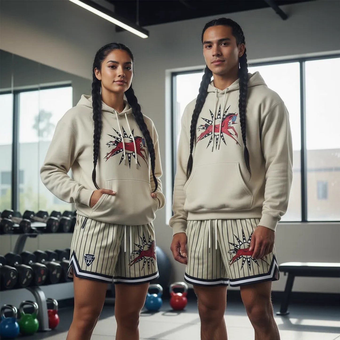 Heavy Ledger Pinstripe Gym Shorts - Indigenous War Pony Design by Wasco Trade